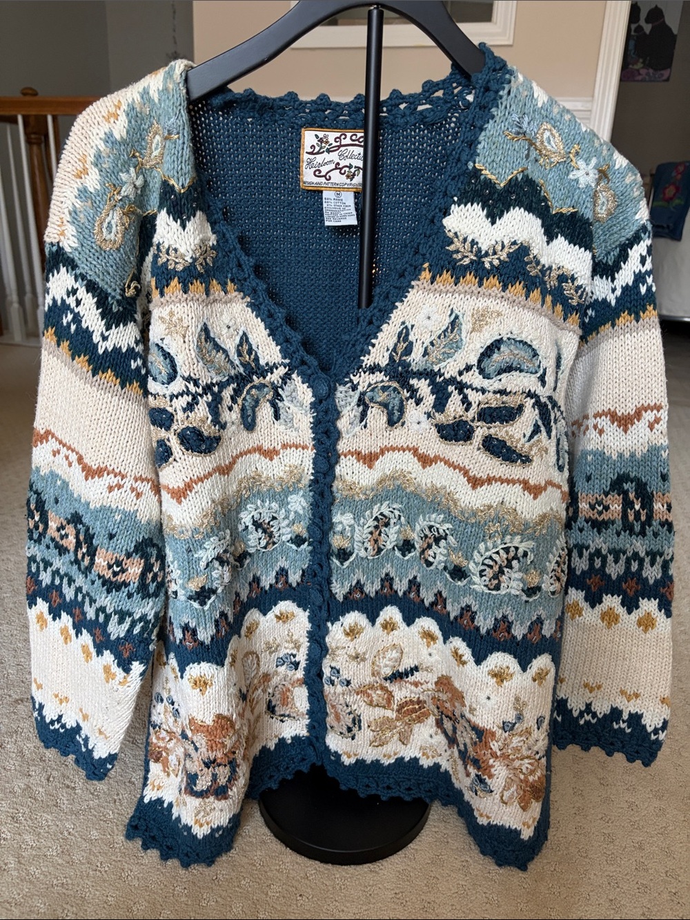 Vintage Heirloom Collectibles Floral Pattern V-Neck Cardigan - Teal & Cream